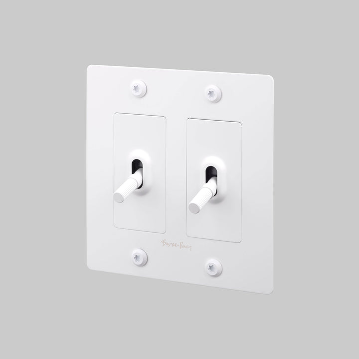 Buster + Punch 2 Gang Toggle Switch Linear Knurl With Logo White