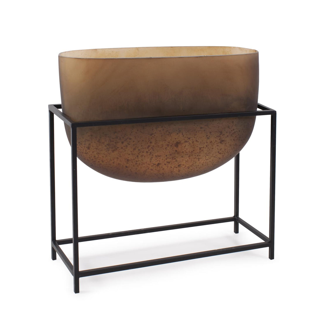 Howard Elliott Bronze Euler Wide Mouth Vase with Black Iron Stand