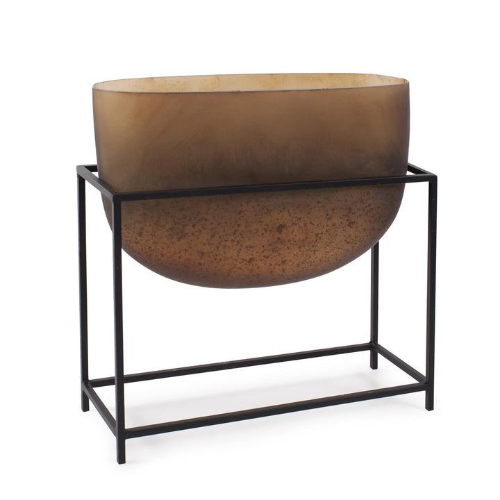 Howard Elliott Bronze Euler Wide Mouth Vase with Black Iron Stand