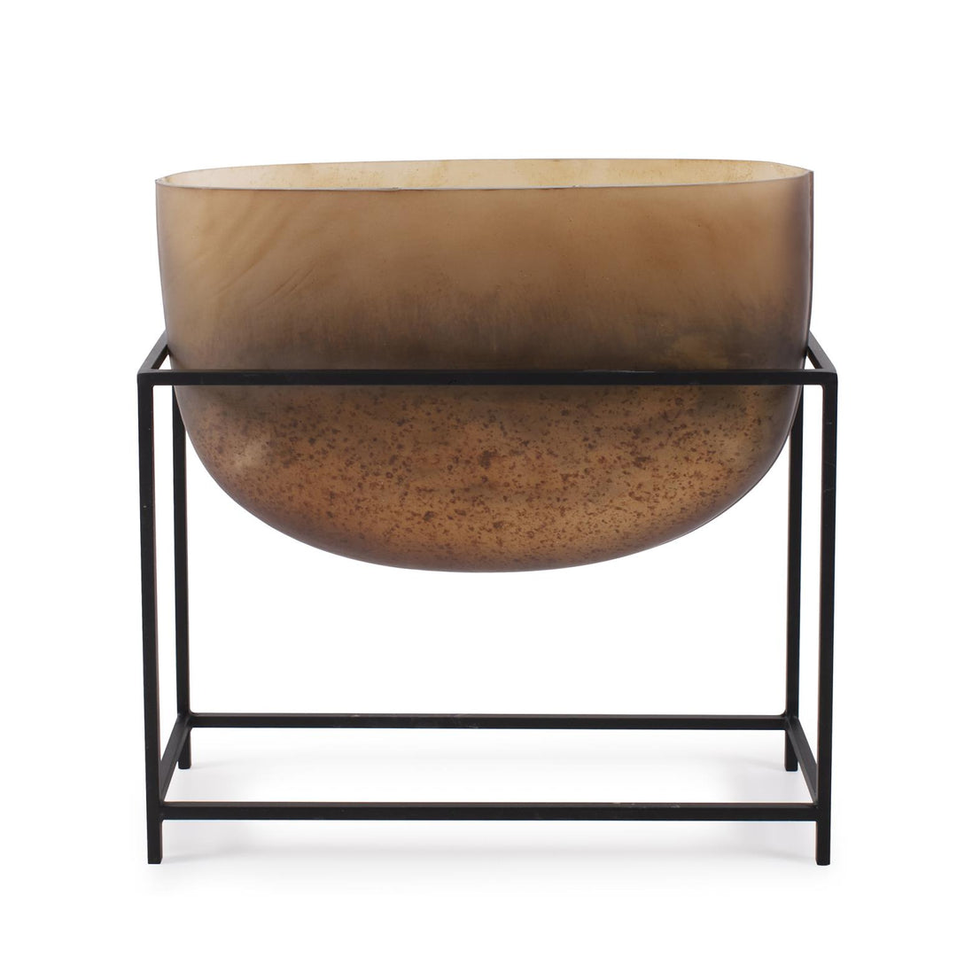 Howard Elliott Bronze Euler Wide Mouth Vase with Black Iron Stand