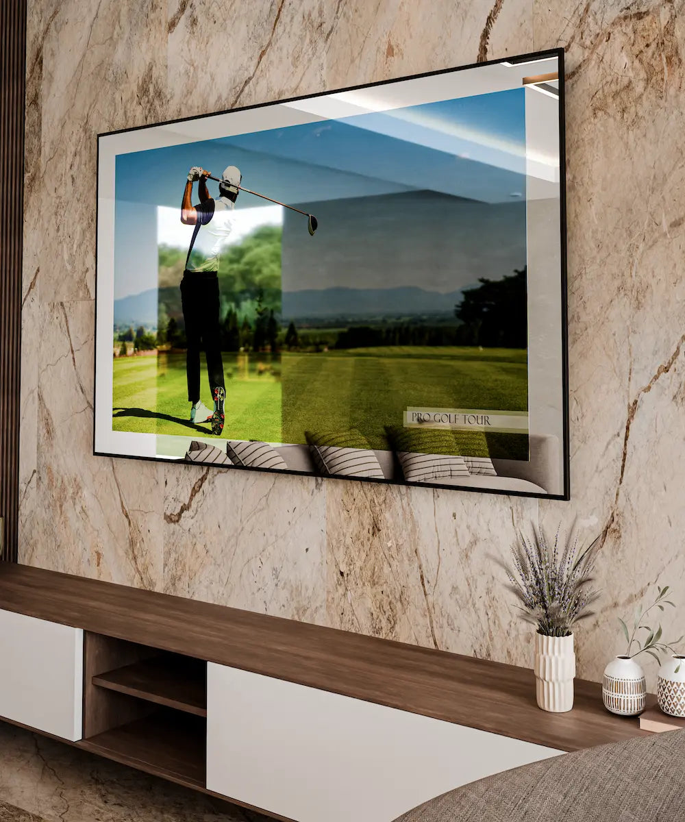 Electric Mirror Eclipse mirror TV cover over wall-mounted TV