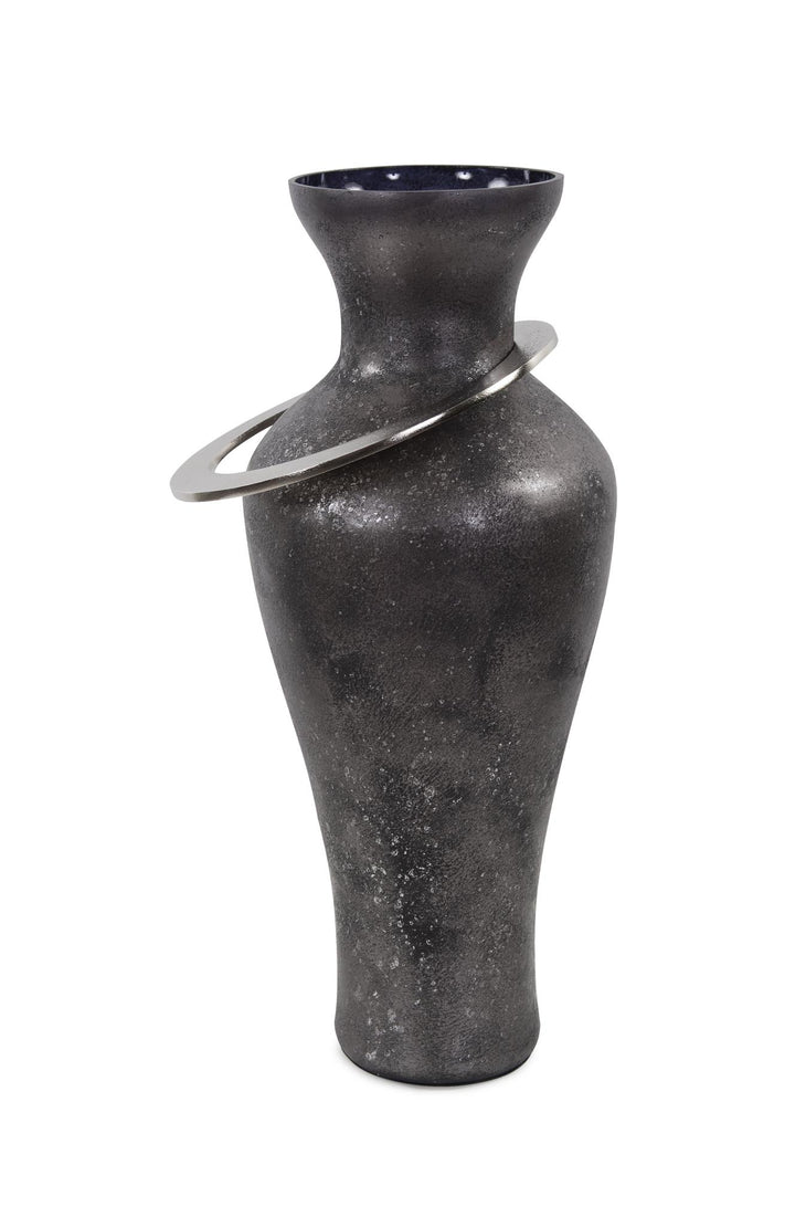 Howard Elliott Black Ore Glass Vase with Metal Accent
