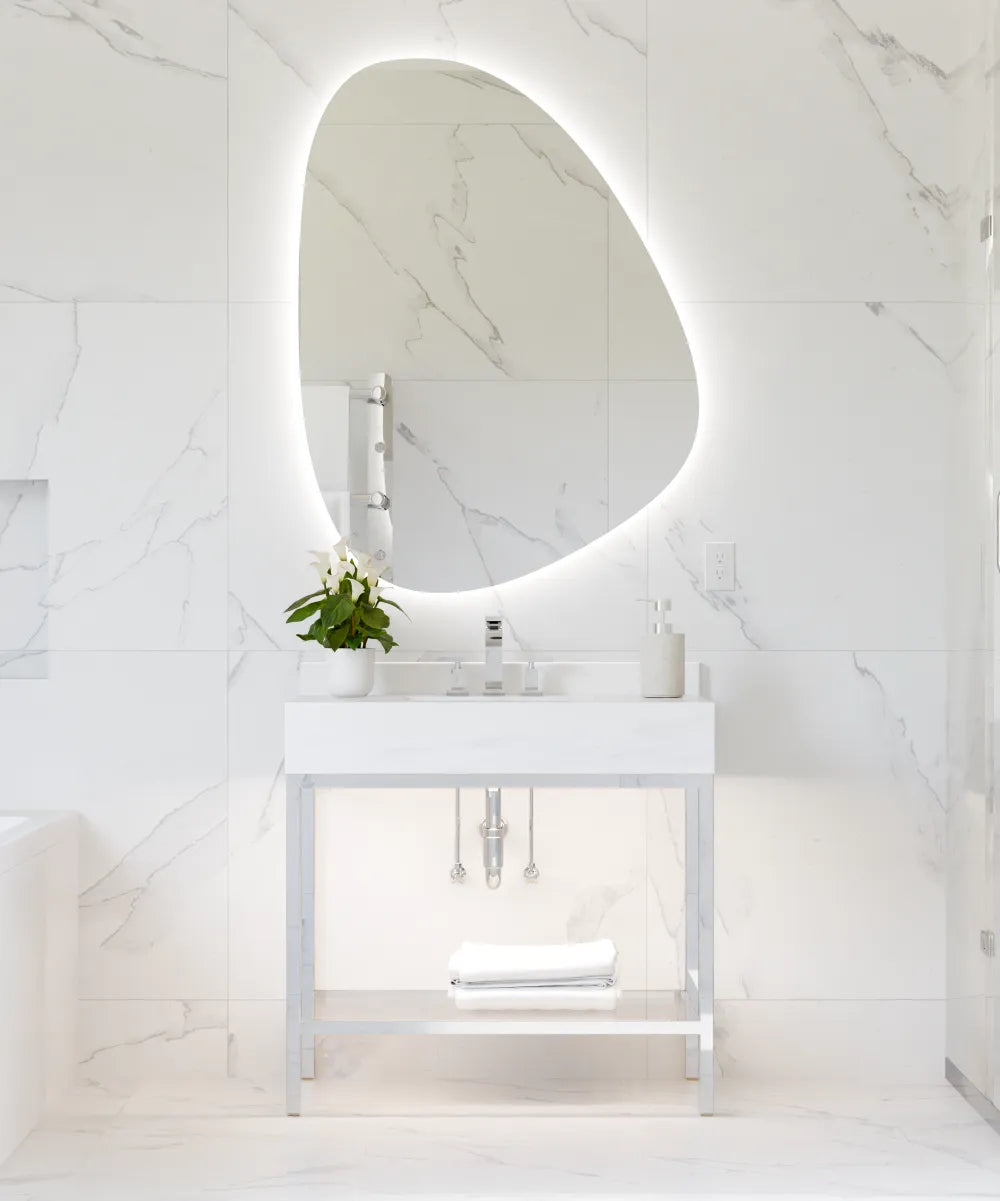 Electric Mirror Petra LED lighted mirror PET-3648 36 x 48 with wall glow over Savannah vanity