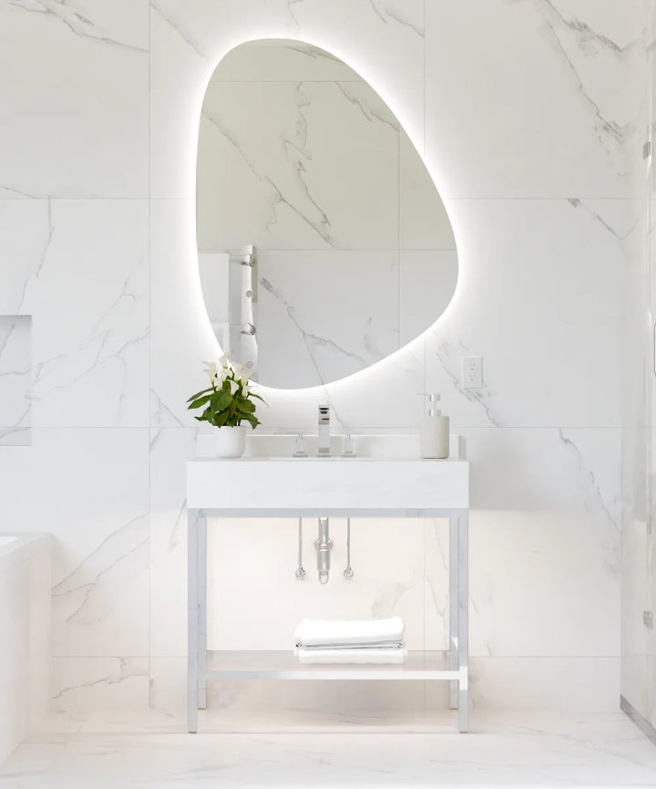 Electric Mirror Petra LED lighted mirror PET-3648 36 x 48 with wall glow over Savannah vanity