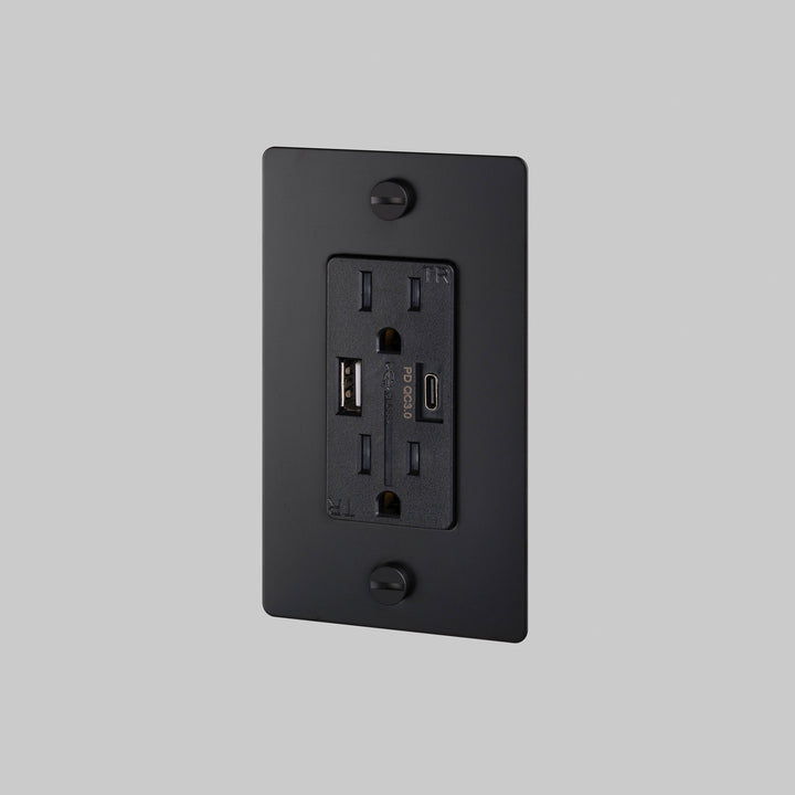 Buster + Punch 1 Gang Duplex Outlet USB A C Cross Knurl Without Logo Black