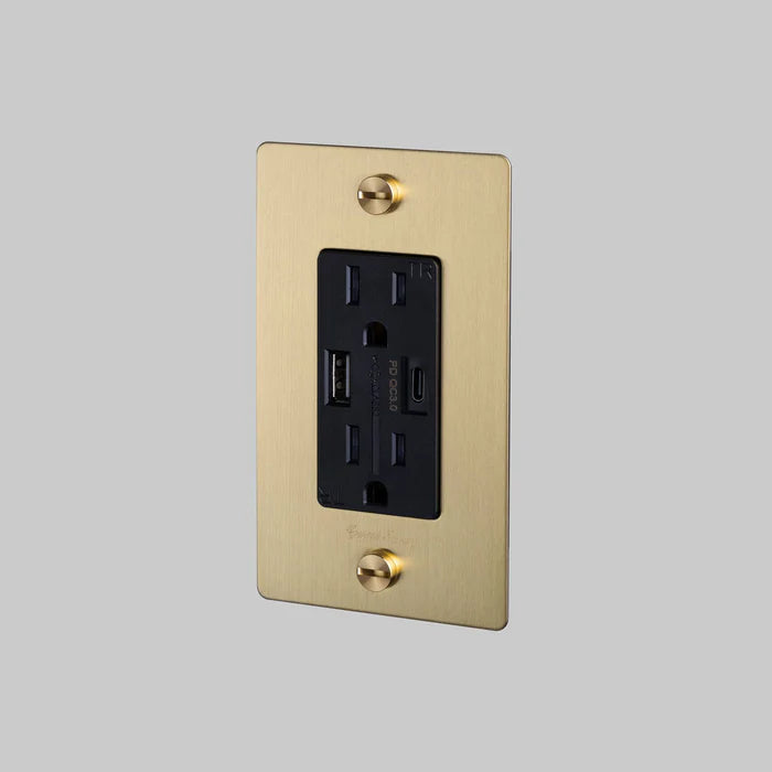 Buster + Punch 1 Gang Brass Duplex Outlet/USB A + C/Cross/with Logo - Models NSK-053410