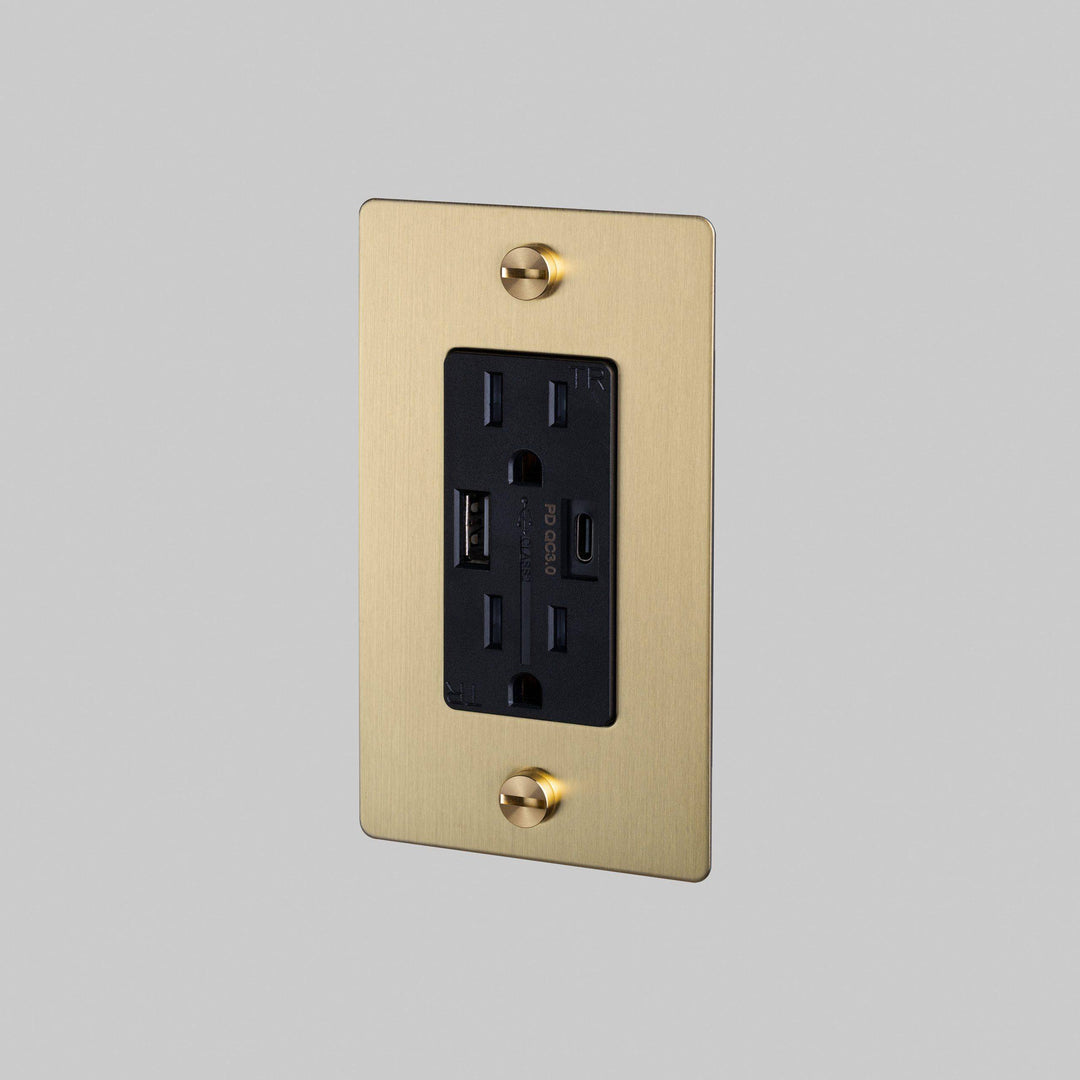 Buster + Punch 1 Gang Duplex Outlet USB A C Cross Knurl Without Logo Brass