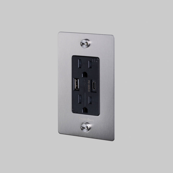 Buster + Punch 1 Gang Duplex Outlet/USB A + C/Cross/with Logo Steel - Model NSK-073412