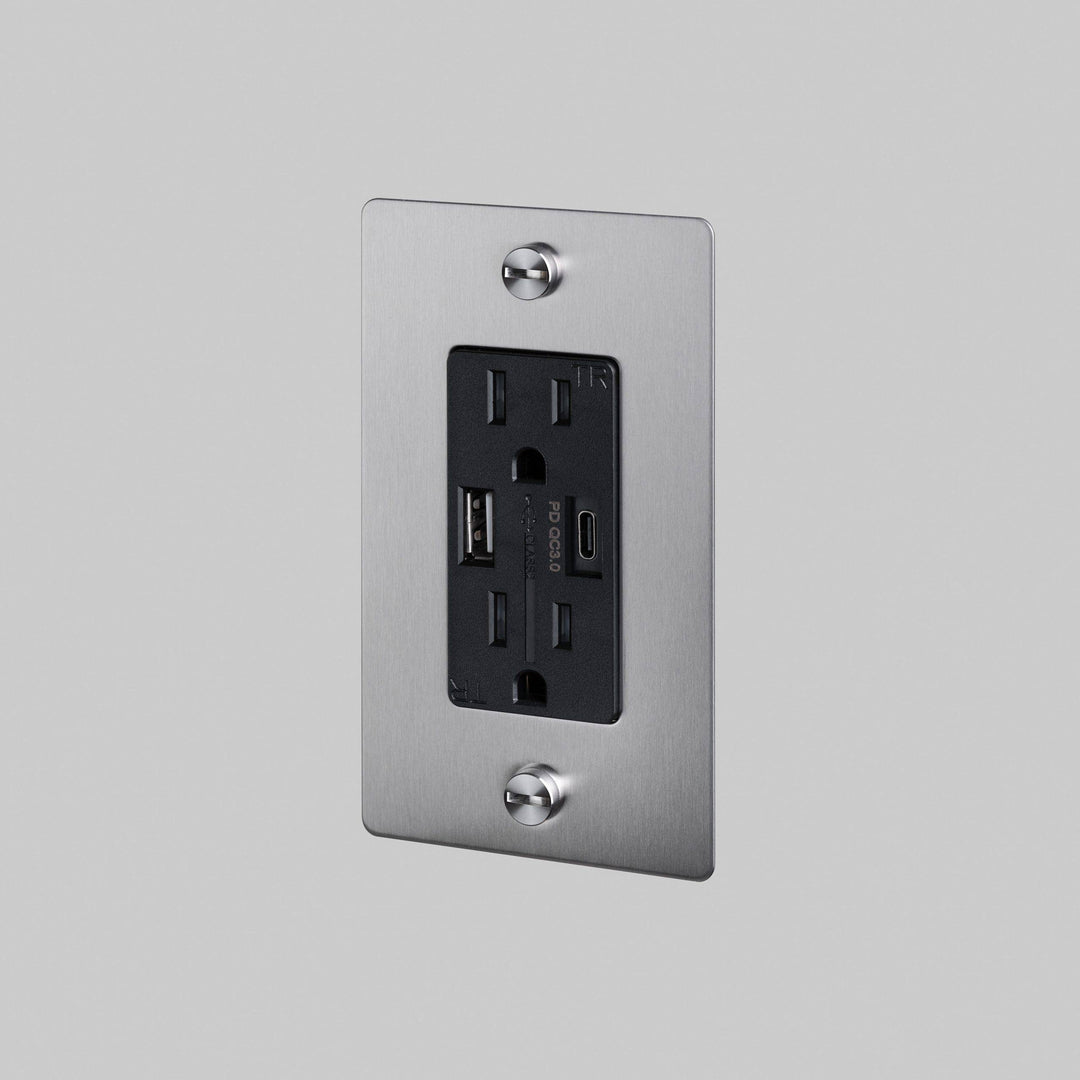 Buster + Punch 1 Gang Duplex Outlet USB A C Cross Knurl Without Logo Steel