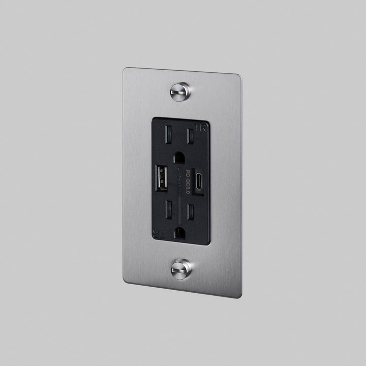 Buster + Punch 1 Gang Duplex Outlet USB A C Cross Knurl Without Logo Steel