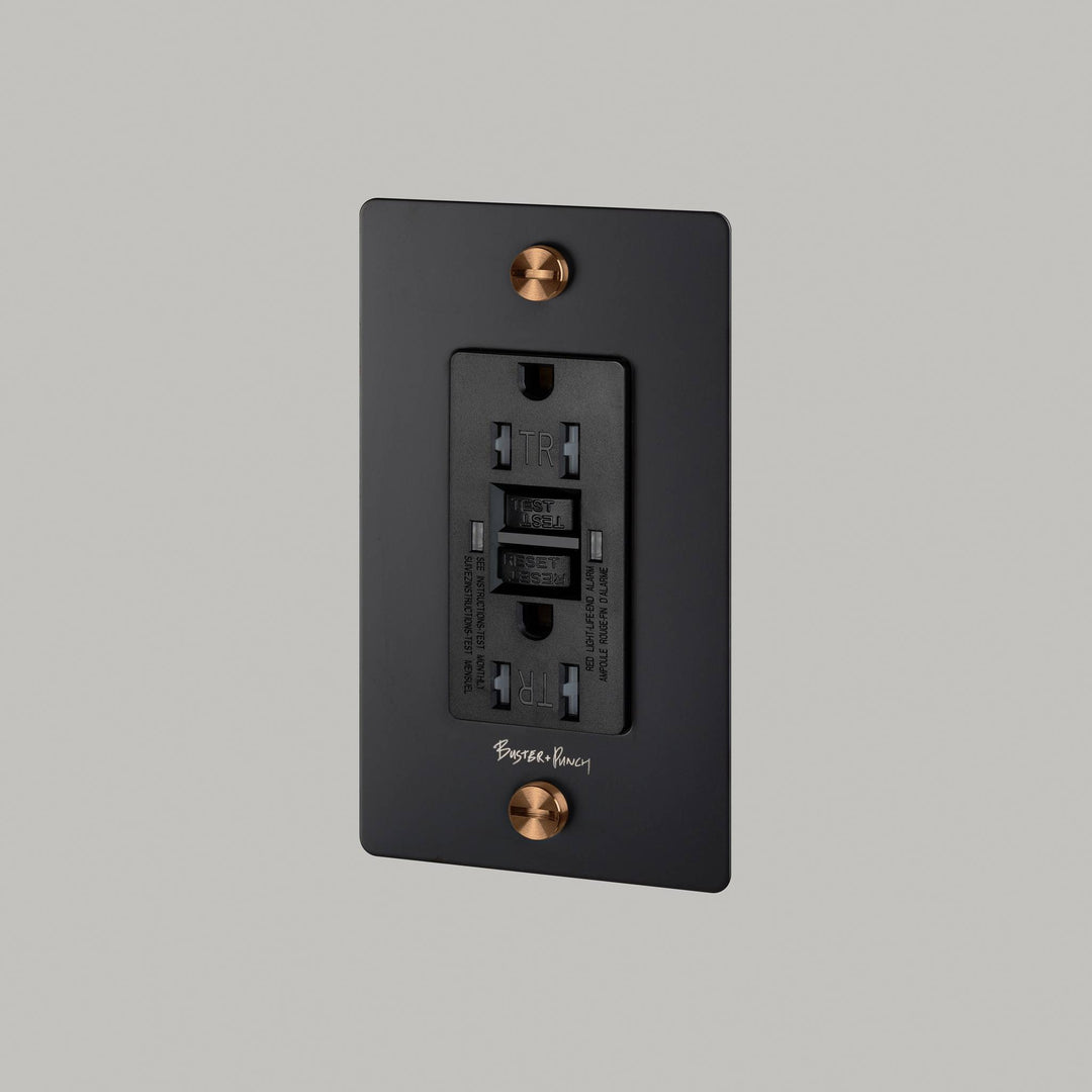 Buster + Punch 1 Gang Duplex Outlet GFCI Cross Knurl With Logo Black Warm Sunset