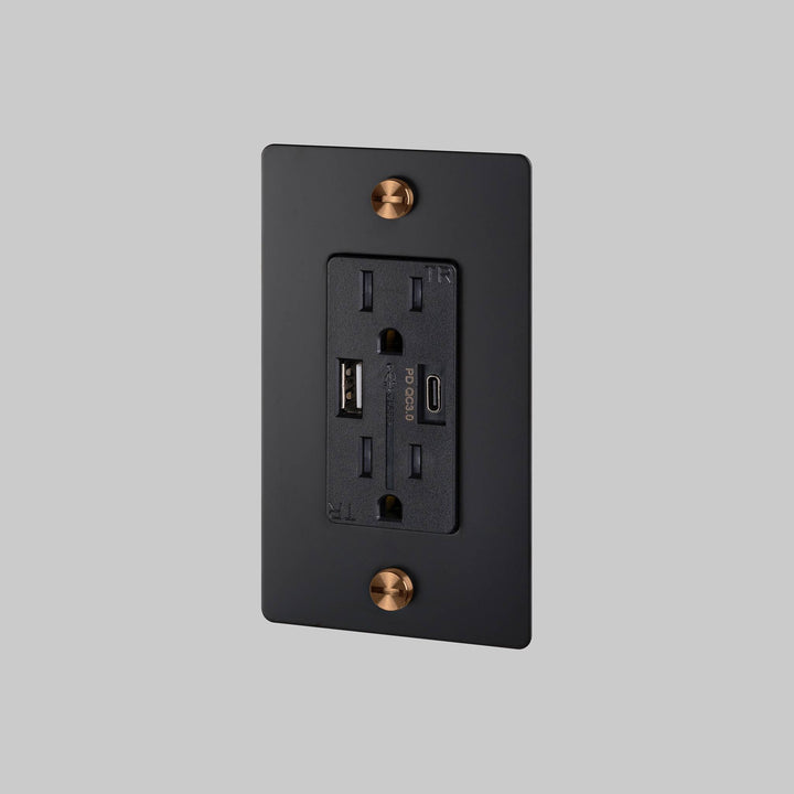 Buster + Punch 1 Gang Duplex Outlet USB A C Cross Knurl Without Logo Black Warm Sunset