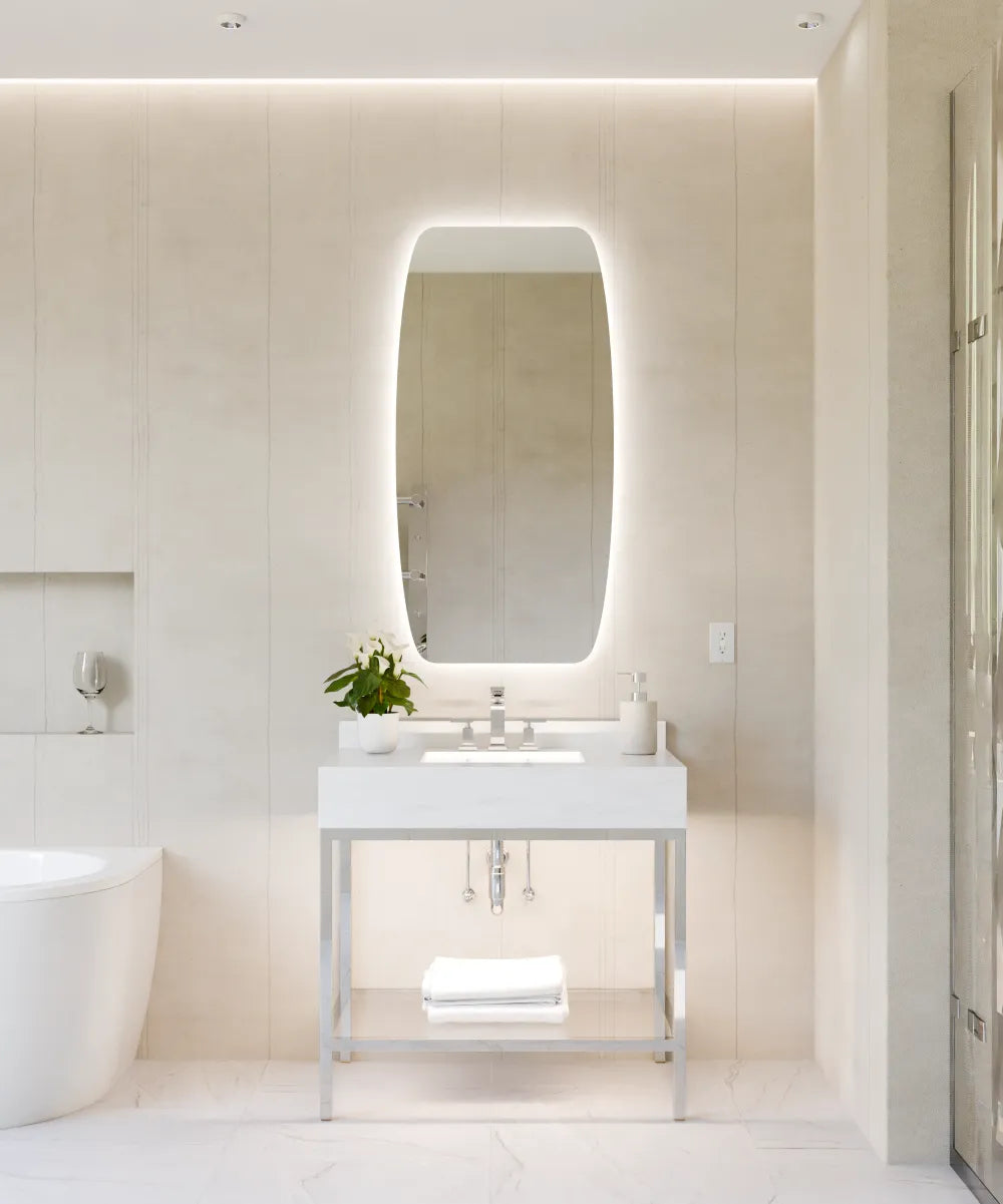 Electric Mirror Vanguard LED lighted mirror over Savannah vanity