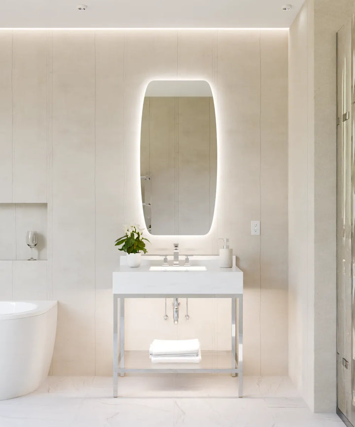 Electric Mirror Vanguard LED lighted mirror over Savannah vanity