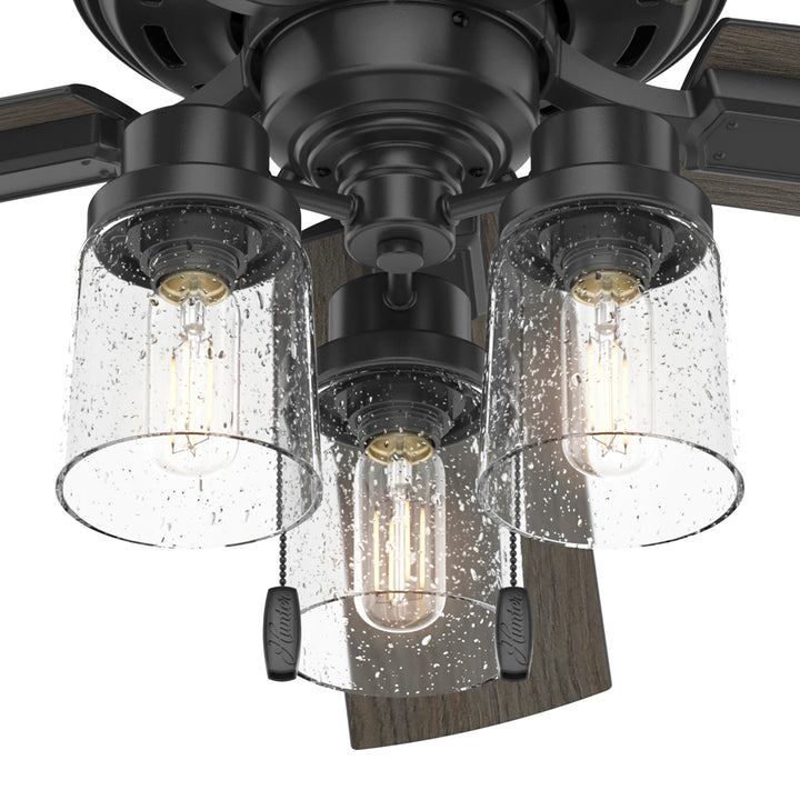 Hunter 52 inch Hartland Ceiling Fan with LED Light Kit and Pull Chain Indoor Ceiling Fans Hunter Matte Black Greyed Walnut / Matte Black Clear Seeded