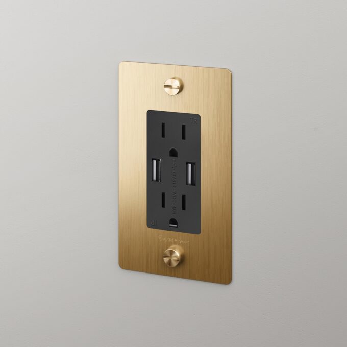 Buster + Punch 1 Gang Duplex Outlet + 2 USB Charger Complete Receptacles Buster + Punch Brass  