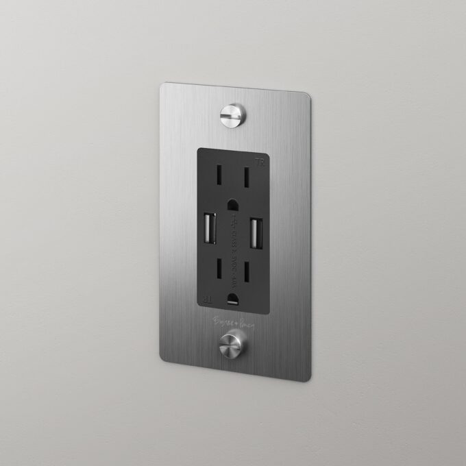 Buster + Punch 1 Gang Duplex Outlet + 2 USB Charger Complete Receptacles Buster + Punch Steel  