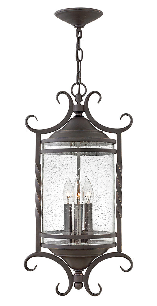 OUTDOOR CASA Large Hanging Lantern Outdoor Light Fixture l Hanging Hinkley Olde Black with Clear Seedy glass 12.0x12.0x23.25 