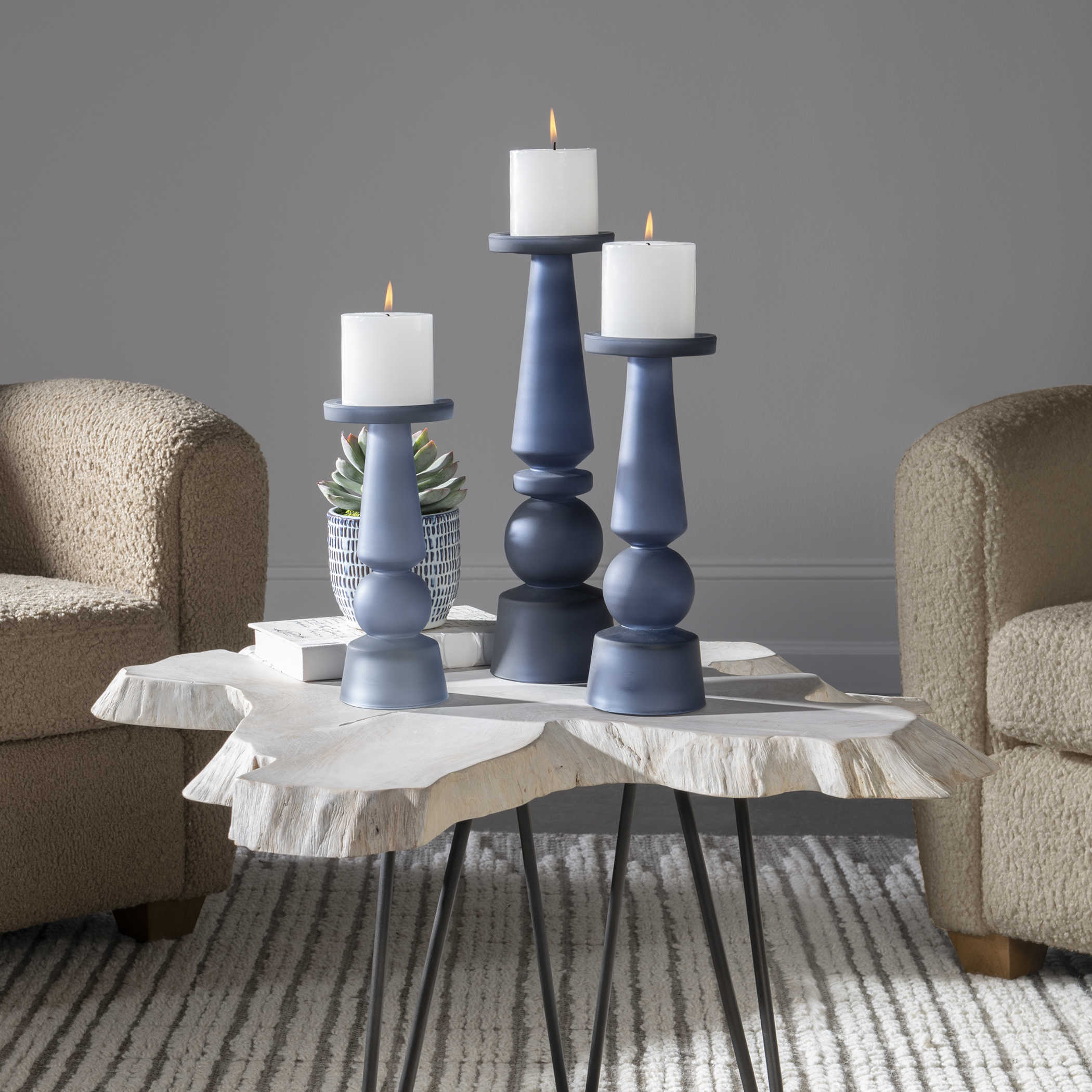Uttermost Cassiopeia Blue Glass Candleholders, S/3