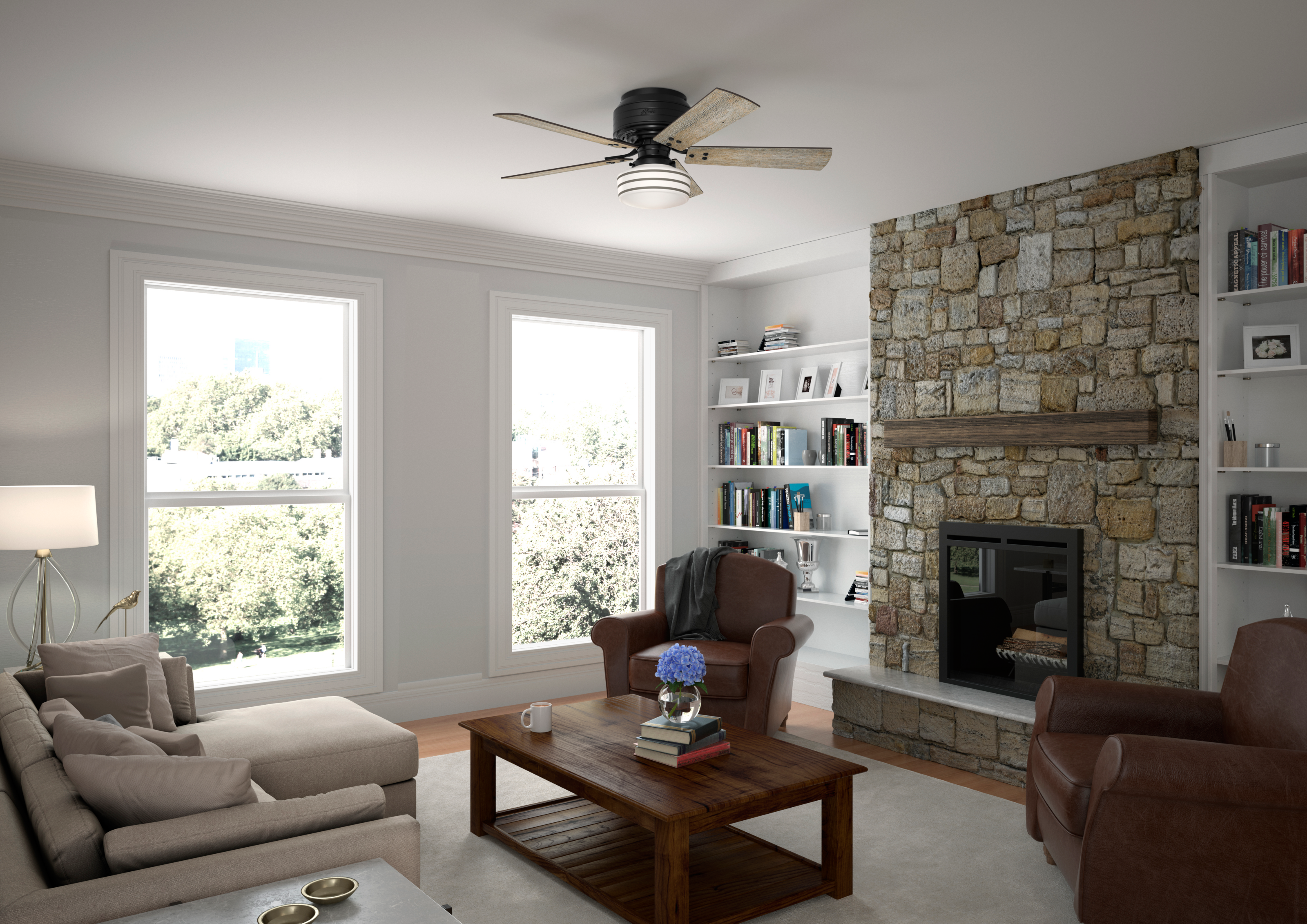 Hunter 52 inch Cedar Key Low Profile Damp Rated Ceiling Fan with LED Light Kit and Handheld Remote Ceiling Fan Hunter   