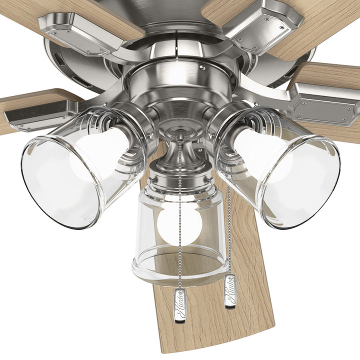 Hunter 60 inch Crestfield Ceiling Fan with LED Light Kit and Pull Chain Bowls Hunter Brushed Nickel Natural Wood / Clear