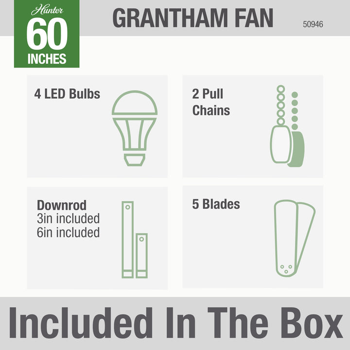 Hunter 60 inch Grantham Ceiling Fan with LED Light Kit and Pull Chain Indoor Ceiling Fans Hunter