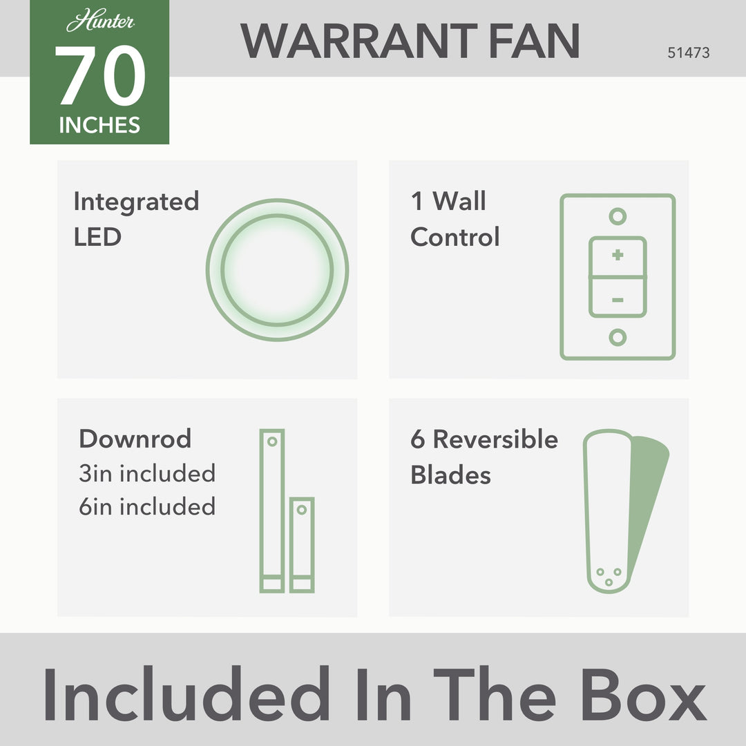 Hunter 70 inch Warrant Ceiling Fan with LED Light Kit and Wall Control Indoor Ceiling Fans Hunter   