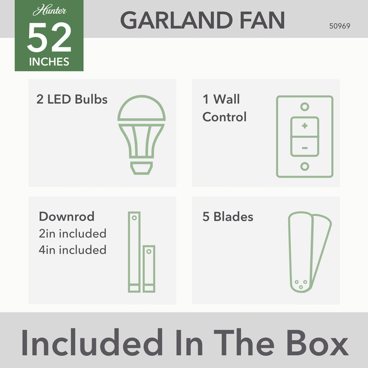 Hunter 52 inch Garland Ceiling Fan with LED Light Kit and Wall Control Indoor Ceiling Fans Hunter