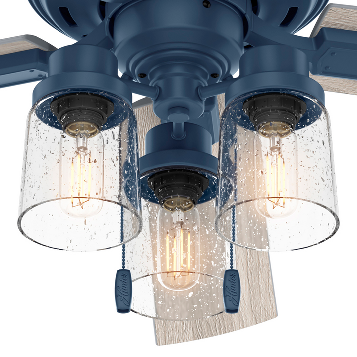 Hunter 52 inch Hartland Ceiling Fan with LED Light Kit and Pull Chain Indoor Ceiling Fans Hunter Indigo Blue Light Gray Oak / Clear Seeded