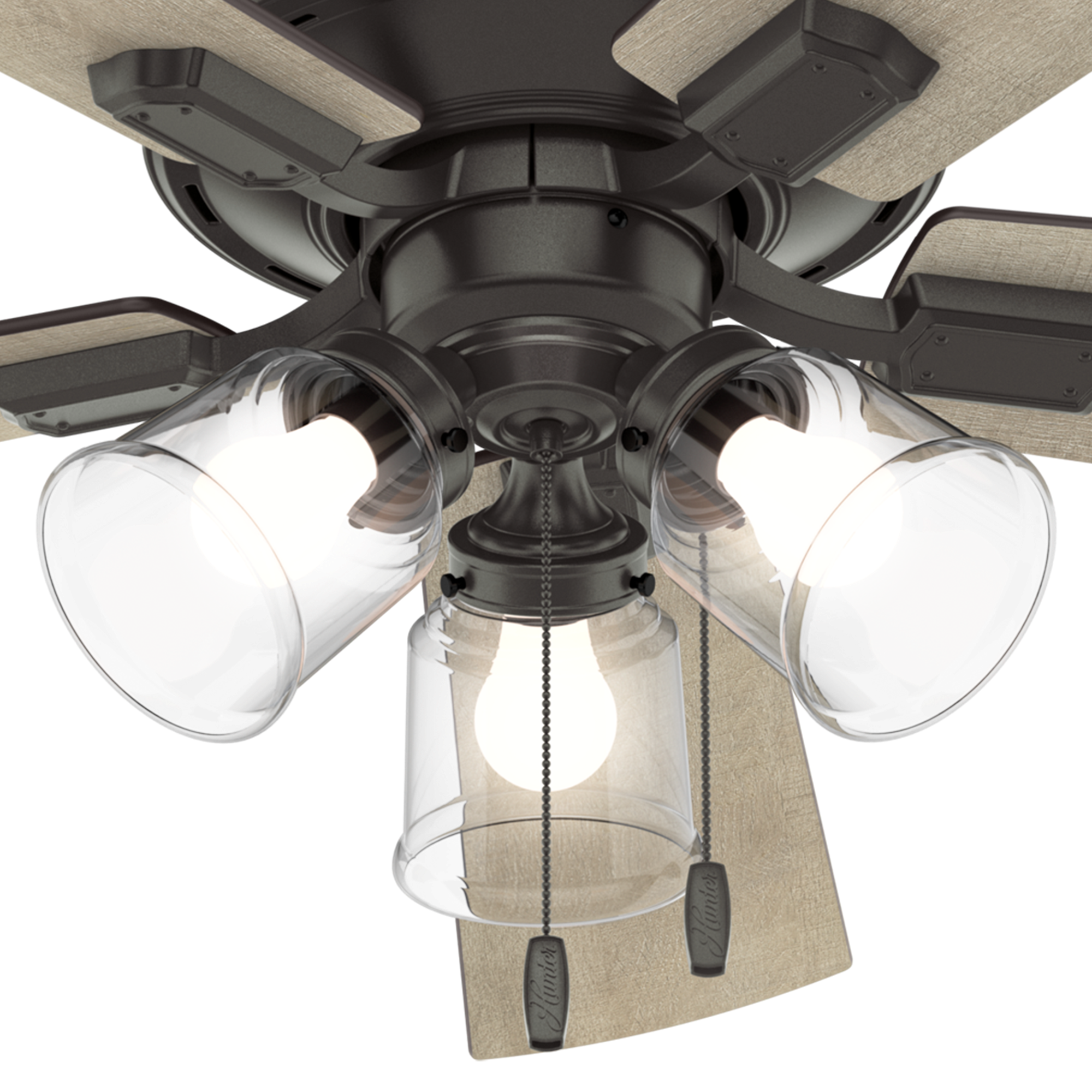 Hunter 52 inch Crestfield Low Profile Ceiling Fan with LED Light Kit and Pull Chain Ceiling Fan Hunter Noble Bronze Bleached Grey Pine / Greyed Walnut Clear