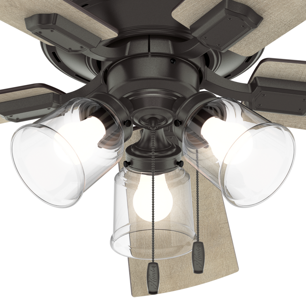 Hunter 52 inch Crestfield Low Profile Ceiling Fan with LED Light Kit and Pull Chain Indoor Ceiling Fans Hunter Noble Bronze Bleached Grey Pine / Greyed Walnut Clear