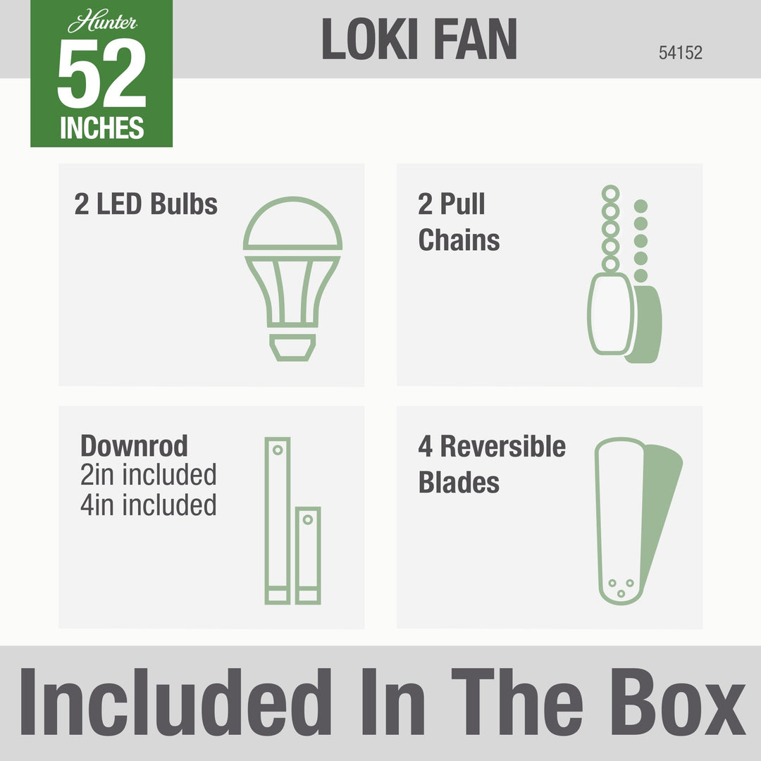 Hunter 52 inch Loki Ceiling Fan with LED Light Kit and Pull Chain Indoor Ceiling Fans Hunter