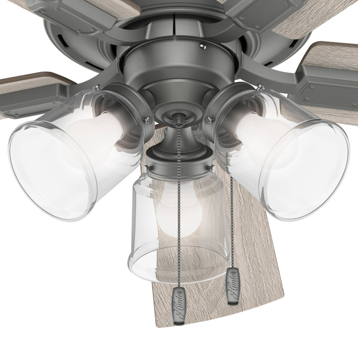 Hunter 52 inch Crestfield Low Profile Ceiling Fan with LED Light Kit and Pull Chain Indoor Ceiling Fans Hunter Matte Silver Light Gray Oak / Warm Grey Oak Clear