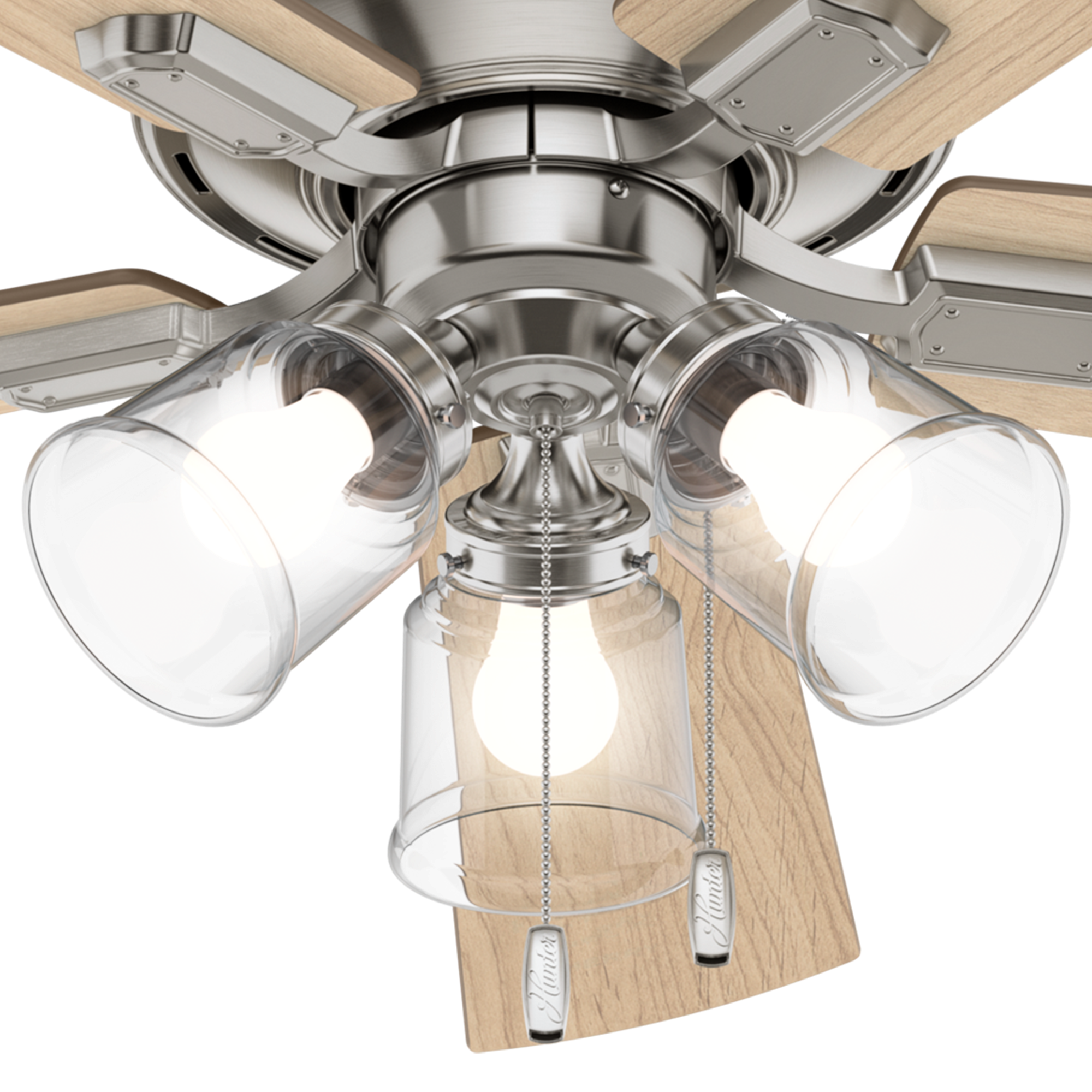 Hunter 52 inch Crestfield Low Profile Ceiling Fan with LED Light Kit and Pull Chain Ceiling Fan Hunter Brushed Nickel Bleached Grey Pine / Natural Wood Clear