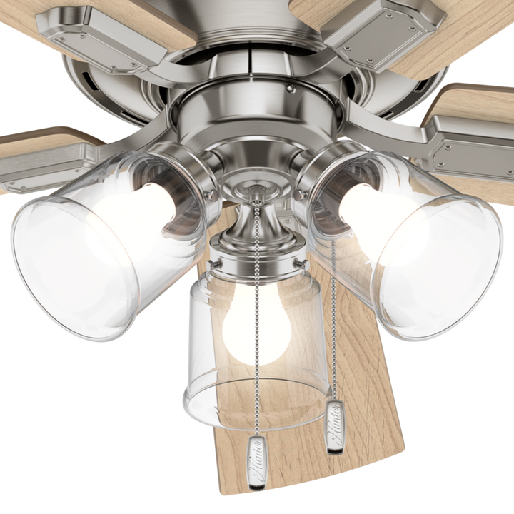 Hunter 52 inch Crestfield Low Profile Ceiling Fan with LED Light Kit and Pull Chain Indoor Ceiling Fans Hunter Brushed Nickel Bleached Grey Pine / Natural Wood Clear