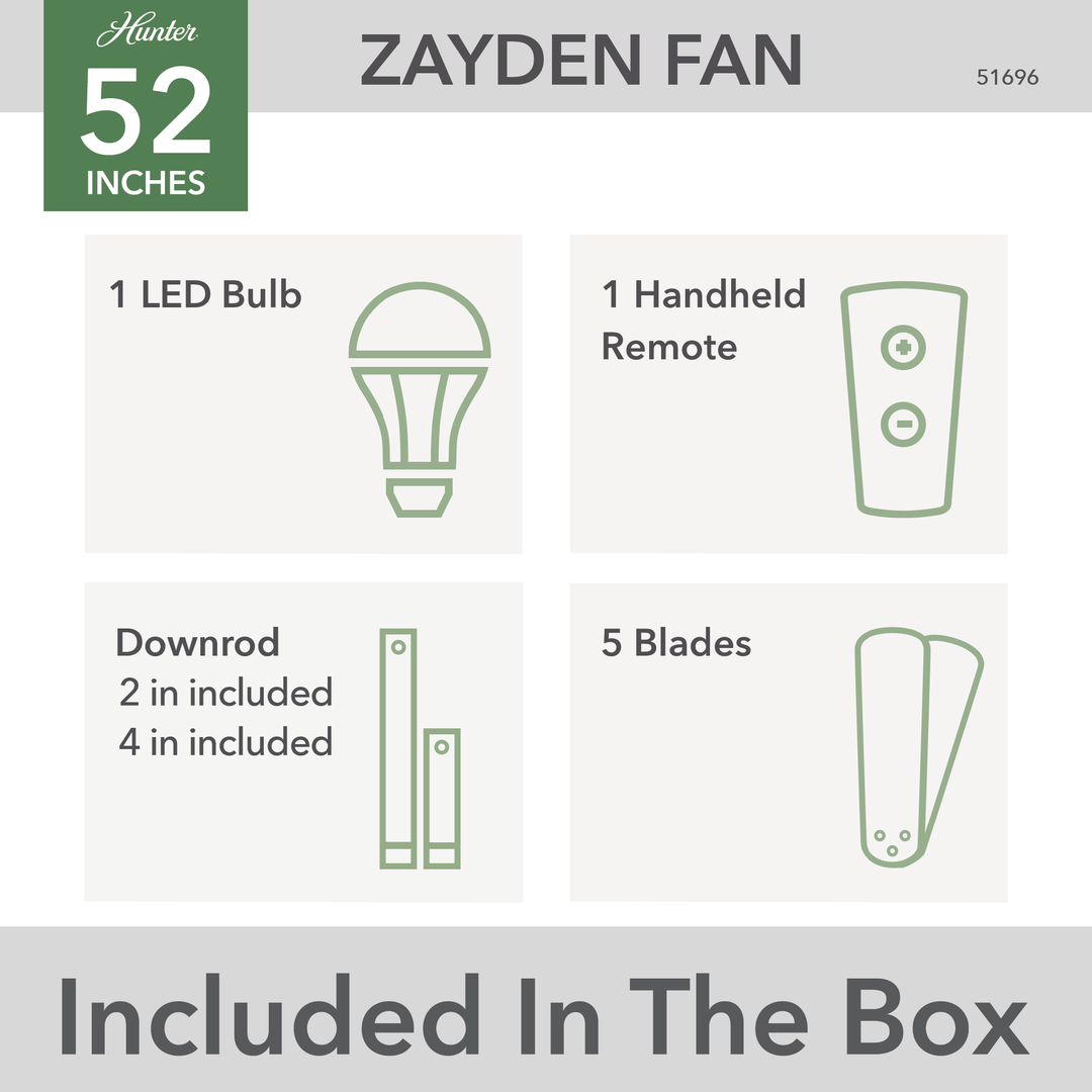 Hunter 52 inch Zayden Ceiling Fan with LED Light Kit and Handheld Remote Indoor Ceiling Fans Hunter   