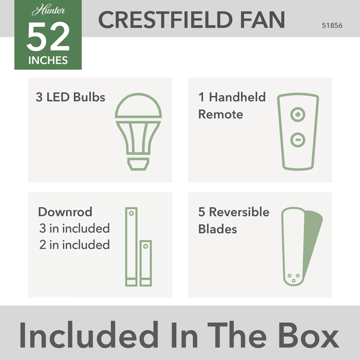 Hunter 52 inch Crestfield Ceiling Fan with LED Light Kit and Handheld Remote Indoor Ceiling Fans Hunter   