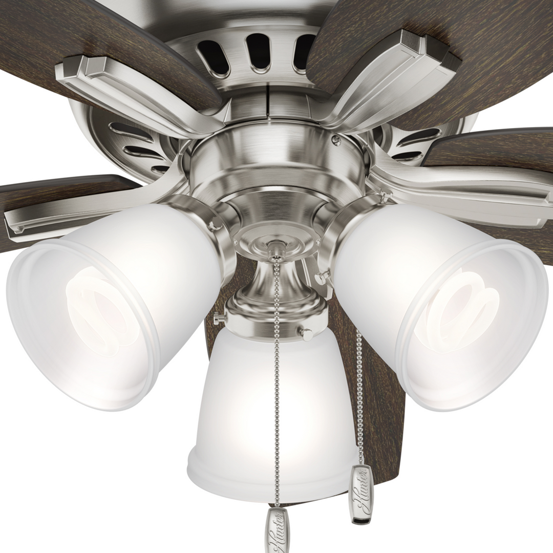 Hunter 42 inch Newsome Ceiling Fan with LED Light Kit and Pull Chain Indoor Ceiling Fans Hunter Brushed Nickel Medium Walnut / Dark Walnut Painted Cased White