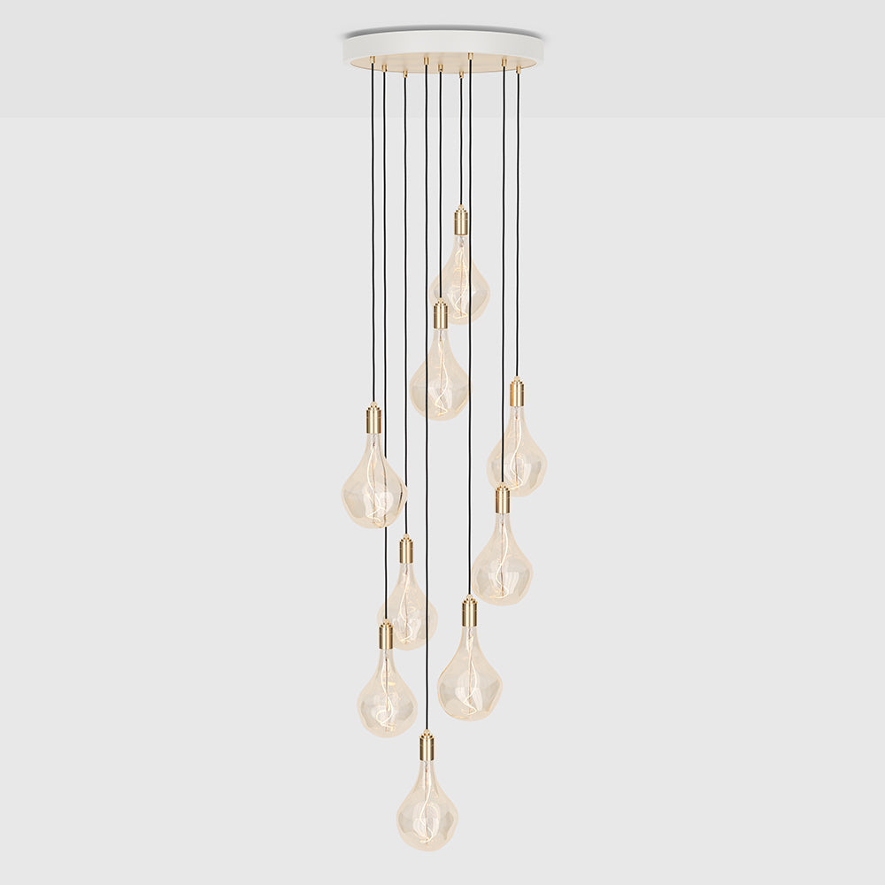 Tala Nine Pendant with Large Canopy and Voronoi II Bulbs Pendant Tala White Powder Coated Steel, Brass Plated Steel, Brass & Glass  