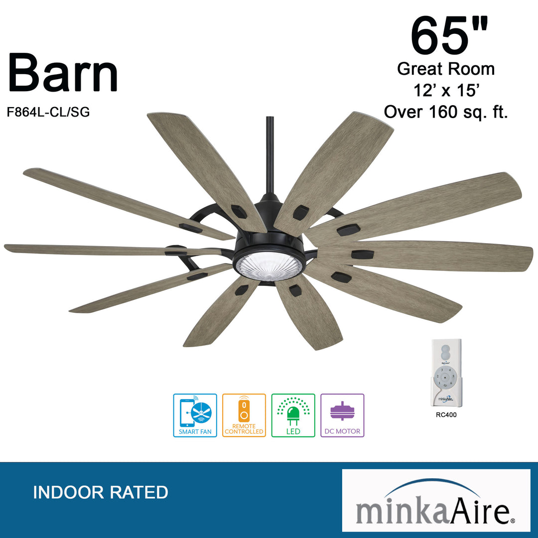 Minka Aire BARN LED65" Ceiling Fan F864L Indoor Ceiling Fans Minka-Aire Coal Finish with Seashore Grey Blades  