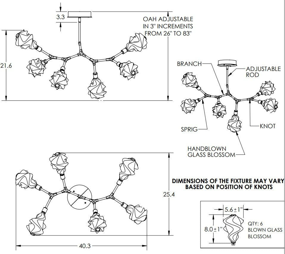 Hammerton Blossom Modern Branch - 6 pc Linear Chandeliers Hammerton Studio   