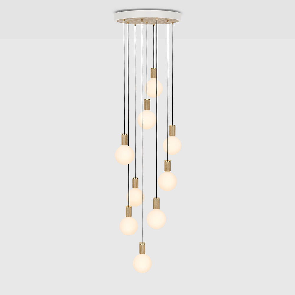 Tala Nine Pendant with Large Canopy and Sphere IV Bulbs Pendants Tala White Powder Coated Steel, Oak Veneer, Oak & Glass  