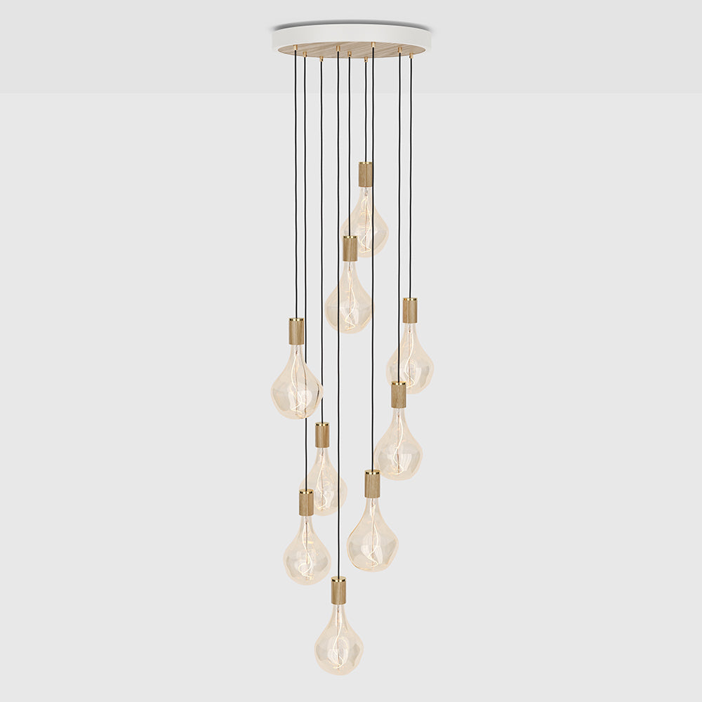 Tala Nine Pendant with Large Canopy and Voronoi II Bulbs Pendants Tala White Powder Coated Steel, Oak Veneer, Oak & Glass  