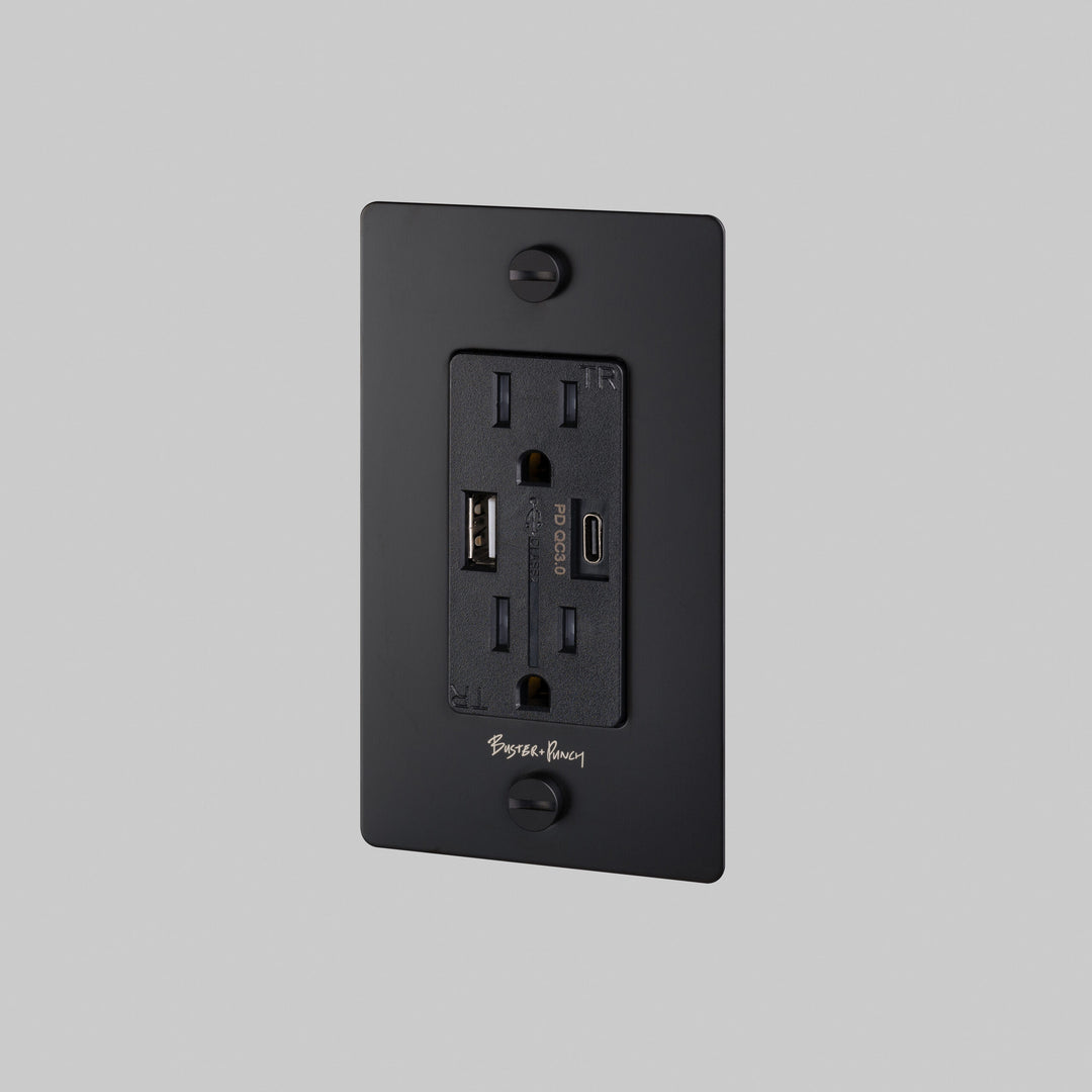 Buster + Punch US 1G COMBINATION DUPLEX OUTLET AND USB-A + C CHARGER Receptacles Buster + Punch Black  