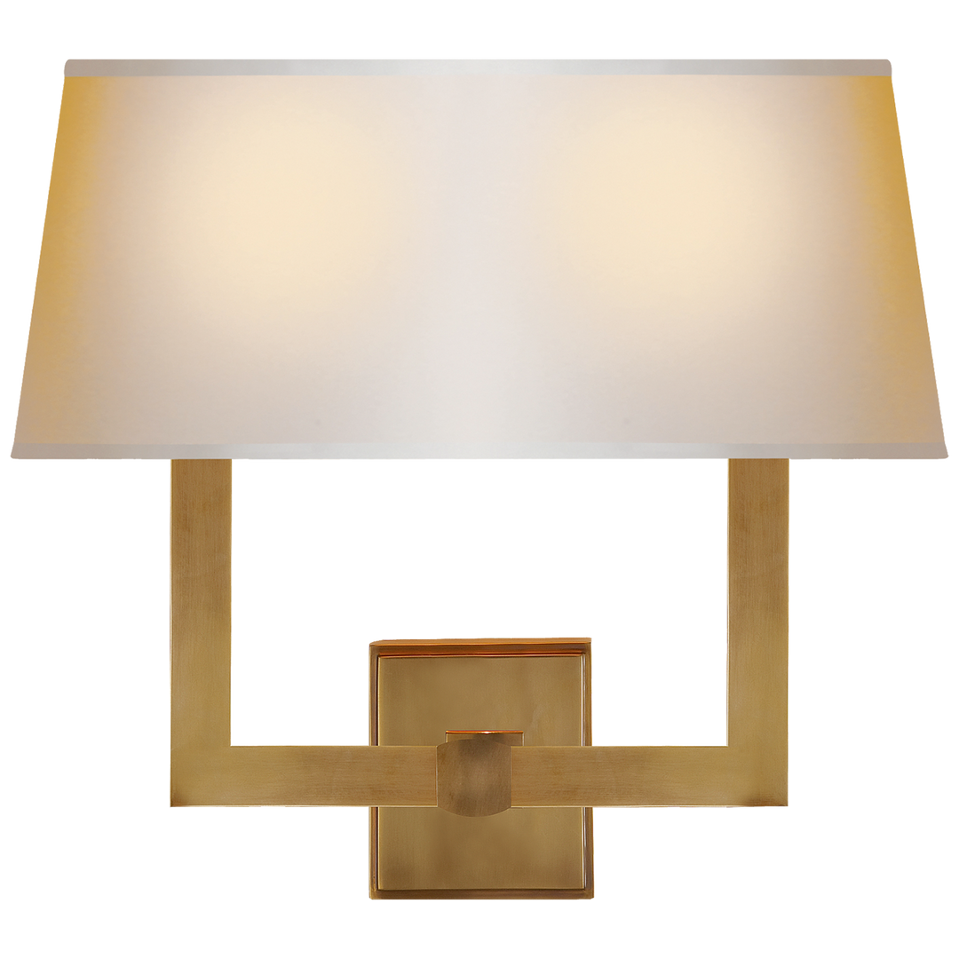 Visual Comfort Square Tube Double Sconce in Hand-Rubbed Antique Brass with Natural Paper Single Shade SL 2820HAB-NP2