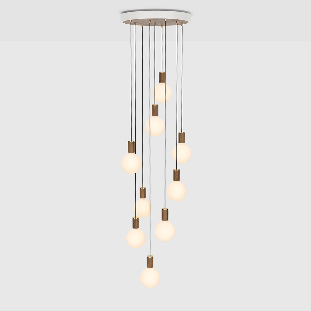 Tala Nine Pendant with Large Canopy and Sphere IV Bulbs Pendants Tala White Powder Coated Steel, Walnut Veneer, Walnut & Glass  