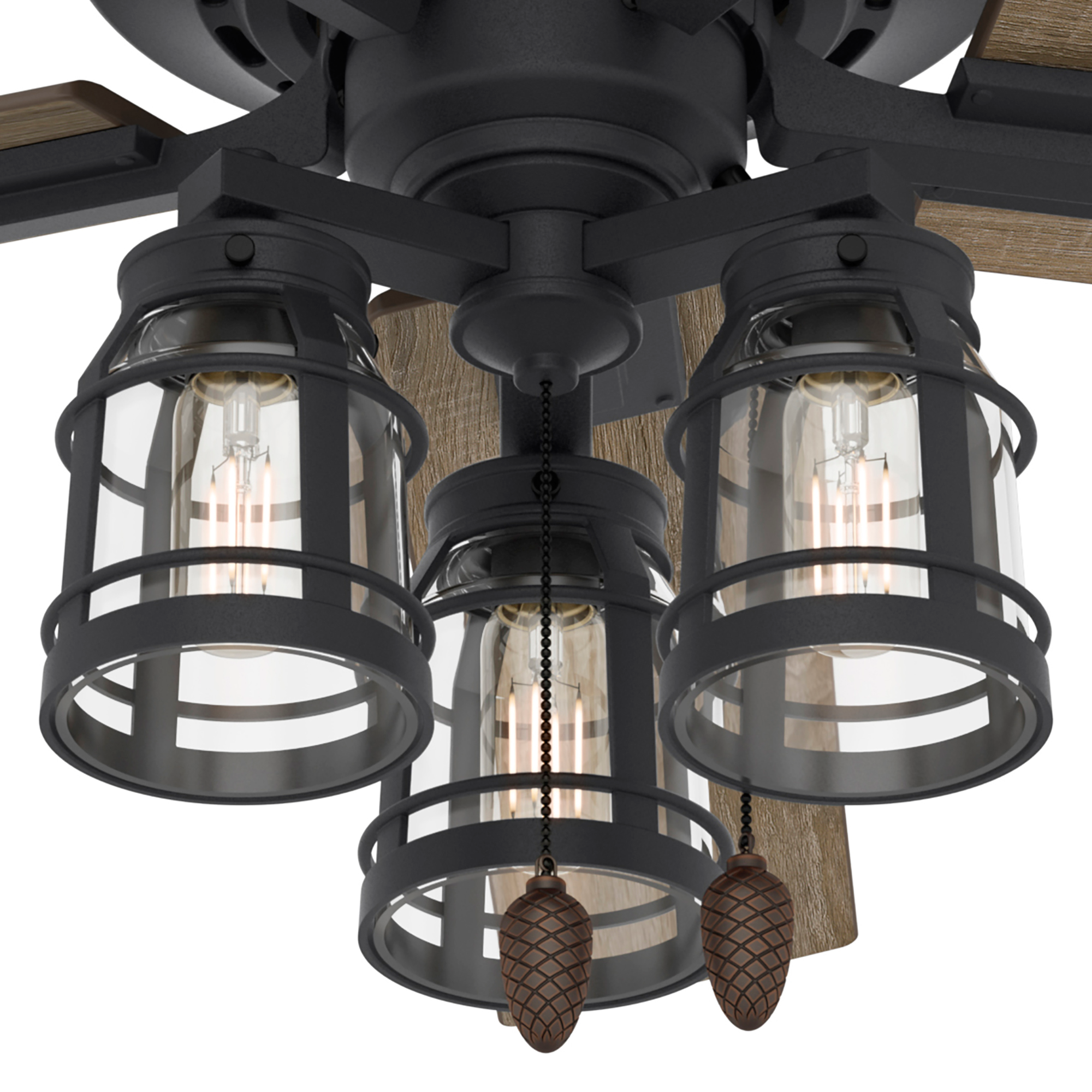 Hunter 52 inch Vista Ceiling Fan with LED Light Kit and Pull Chain Ceiling Fan Hunter Natural Black Iron Drift Oak / Clear