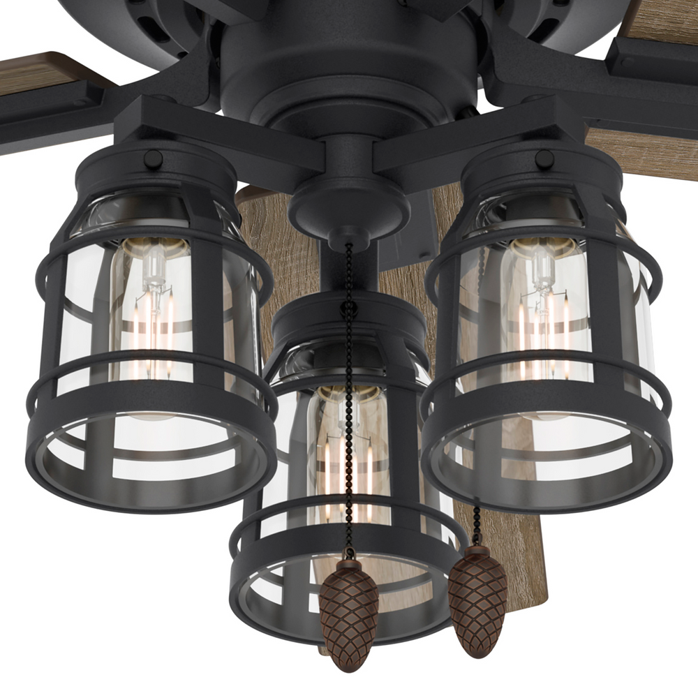 Hunter 52 inch Vista Ceiling Fan with LED Light Kit and Pull Chain Indoor Ceiling Fans Hunter Natural Black Iron Drift Oak / Clear