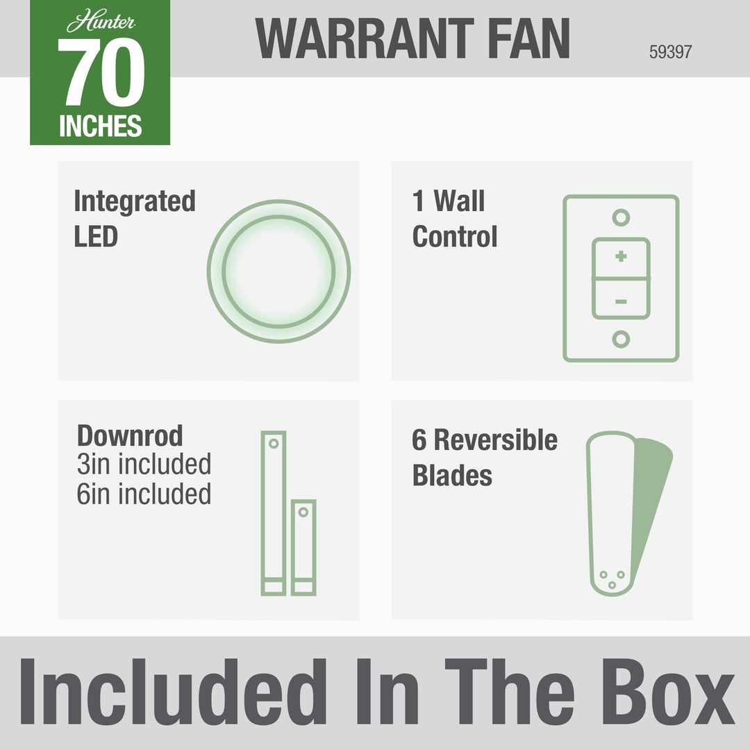 Hunter 70 inch Warrant Ceiling Fan with LED Light Kit and Wall Control Indoor Ceiling Fans Hunter   