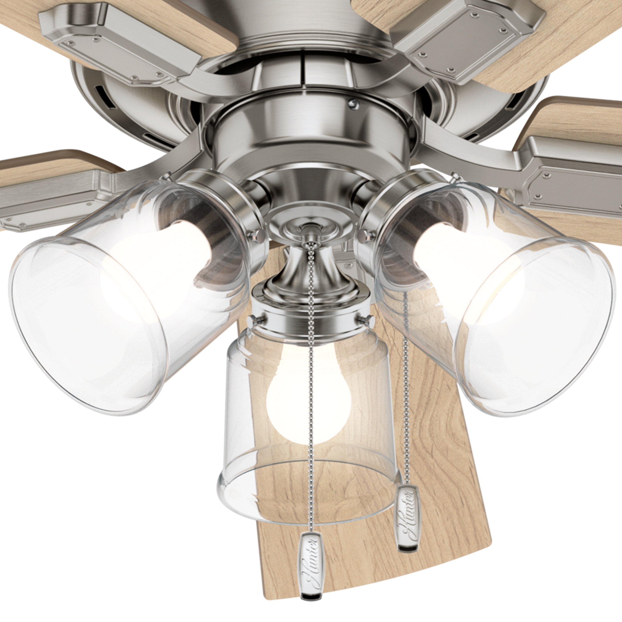 Hunter 52 inch Crestfield Ceiling Fan with LED Light Kit and Pull Chain Ceiling Fan Hunter Brushed Nickel Bleached Grey Pine / Natural Wood Clear